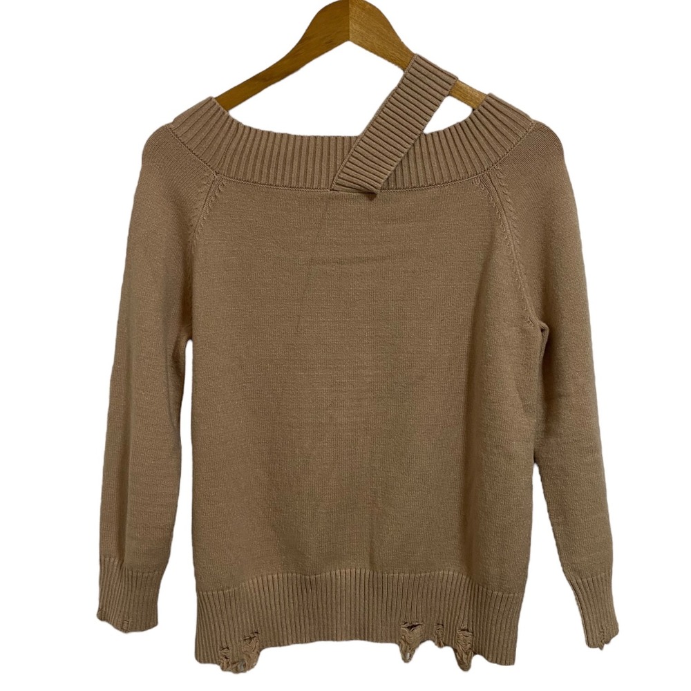 MEESH One Shoulder Sweater Beige Distressed Hem Ribbed Knit Grunge OS